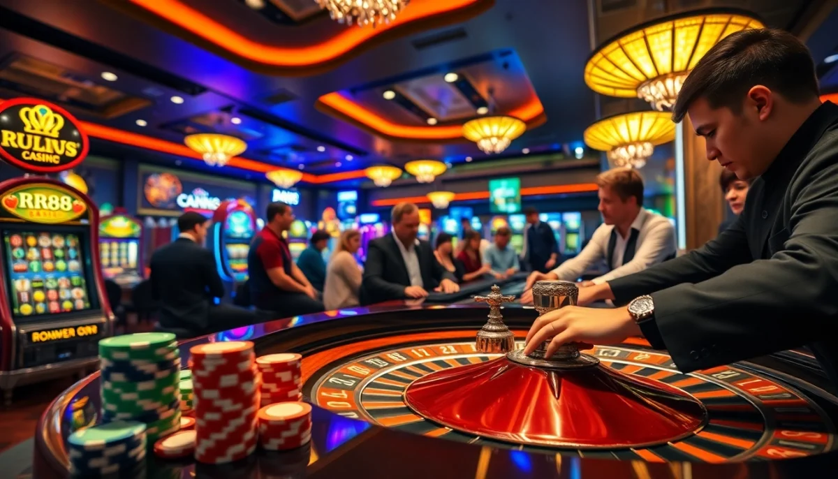 Players engaging in thrilling casino action at RR88 roulette table, showcasing vibrant neon lights and exciting atmosphere.
