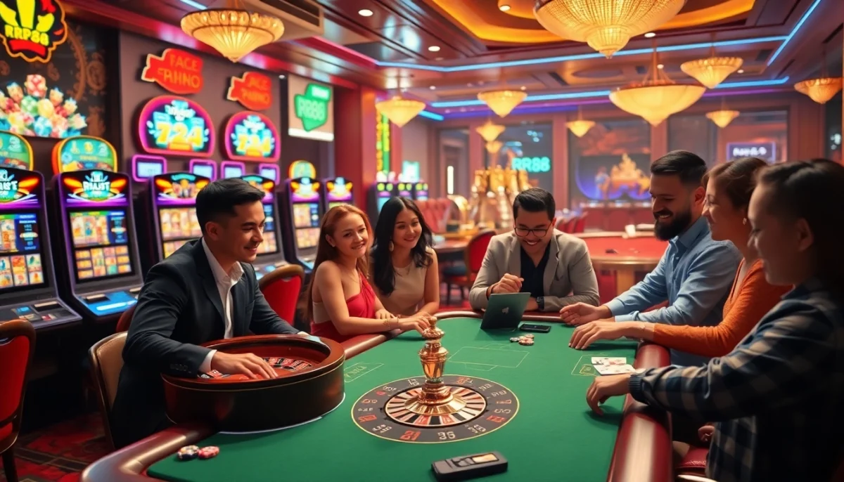Experience the thrill of online gambling at RR88 with a vibrant casino scene showcasing slot machines, poker tables, and roulette.