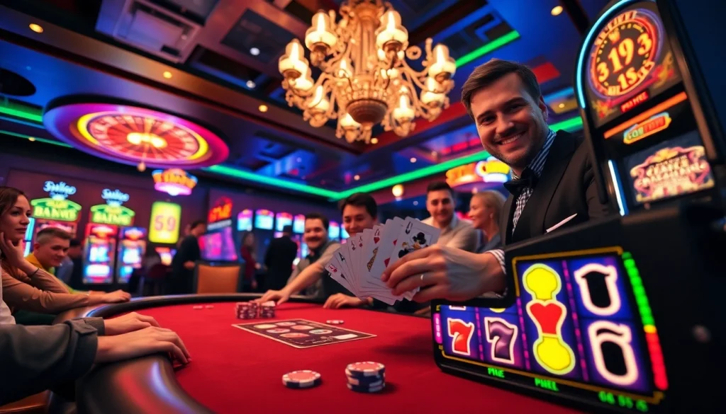 Experience the thrill of Go99 with players enjoying vibrant casino activities at a high-stakes poker table.