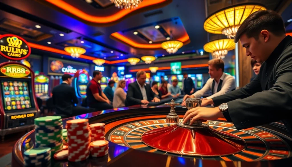 Players engaging in thrilling casino action at RR88 roulette table, showcasing vibrant neon lights and exciting atmosphere.